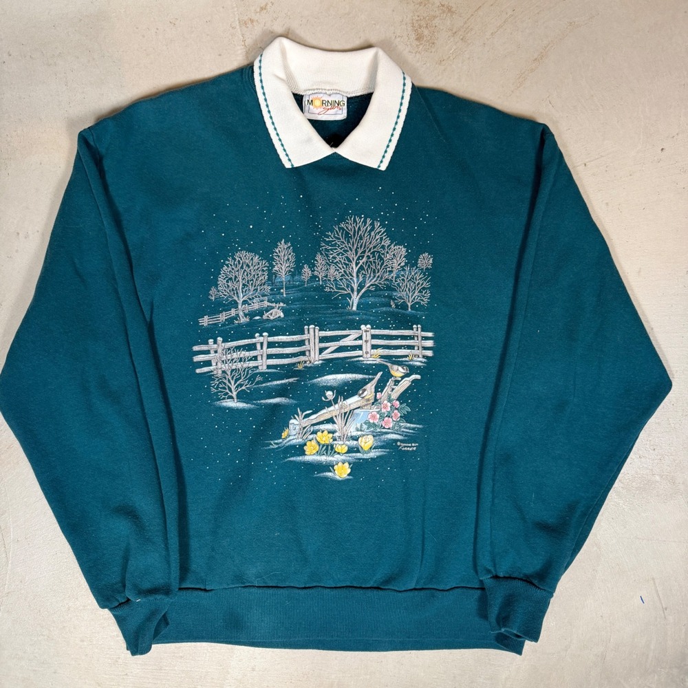 Vintage Morning Sun Winter Graphic Sweatshirt Teal Collared Pullover Mens L‎